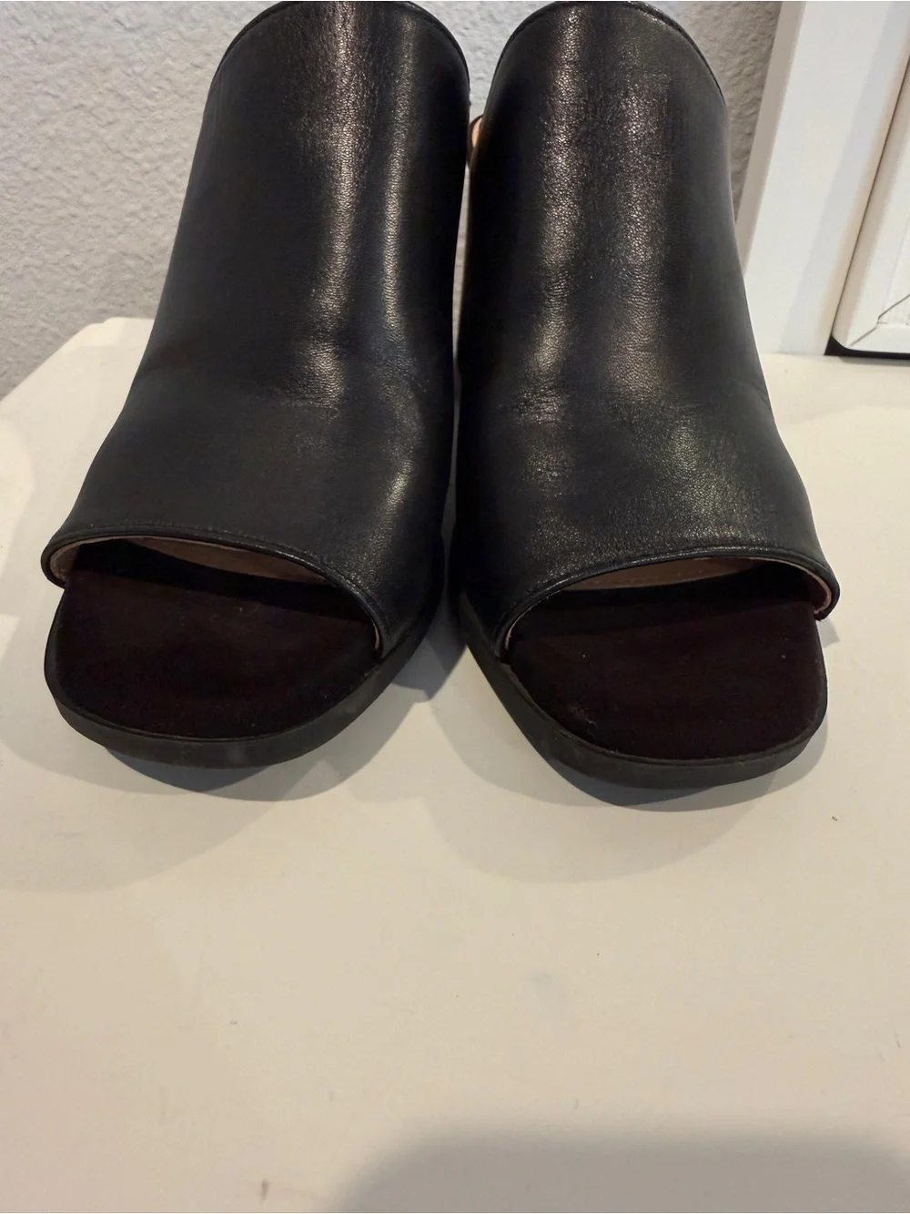 Rockport Black Leather Open-Toe Mule with Stacked Wood Block Heel